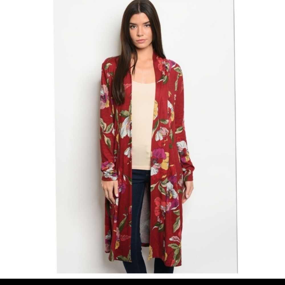Floral Burgundy Duster Cardigan - Picture 3 of 4